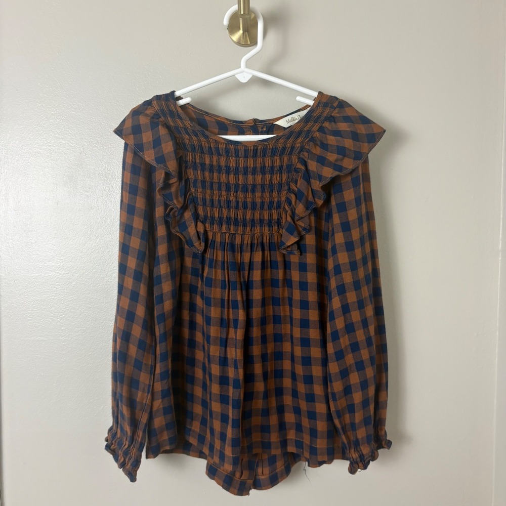 Matilda Jane Gingham Blouse Girls Size 8 Navy Rust Orange Ruffle Smocked Top